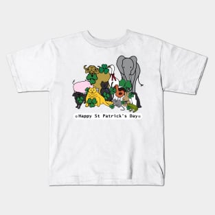 Animals Hold a Shamrock with Text Happy St Patricks Day Kids T-Shirt